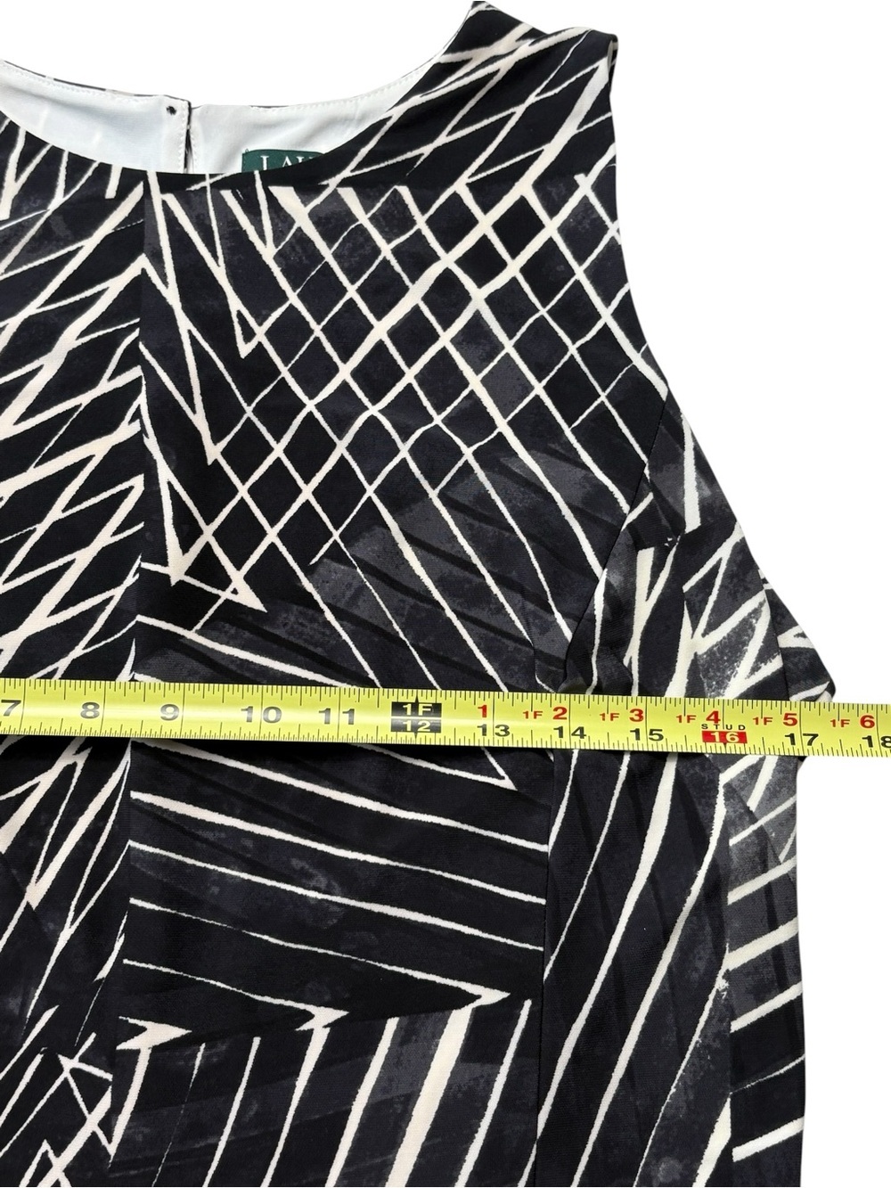 Lauren Ralph Lauren Geometric Midi Dress 12 Tie Waist Black Gray Ivory - Picture 8 of 13